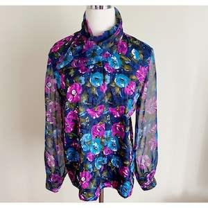 Vintage 80&#39;s Floral Long Sleeve Tie Blouse