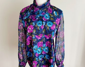 Vintage 80's Floral Long Sleeve Tie Blouse