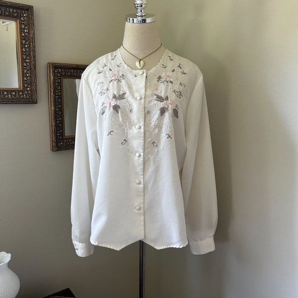 Vintage Cream Embroidered Long Sleeve Blouse