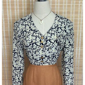 Vintage Navy & Cream Floral Button-Down Blouse