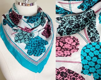 Vintage 1960's Silk Artsy Scarf Magenta Turquoise Black