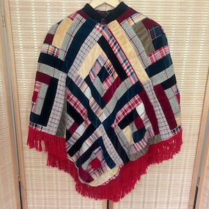 Vintage Handmade Patchwork Fringe Poncho 1970&#39;s vintage patchwork