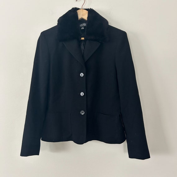 Black Wool Faux Fur Collar jacket Blazer Size M - image 1