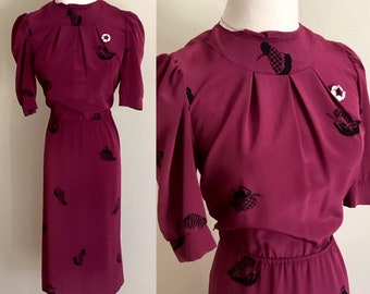 Vintage 80's Burgundy Black Leaves Dress