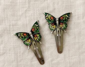 Vintage Glitter Butterfly Hair Clips – Y2K 90’s Barrettes – Iridescent Green Butterfly Snap Clips – Cottagecore Hair Accessories