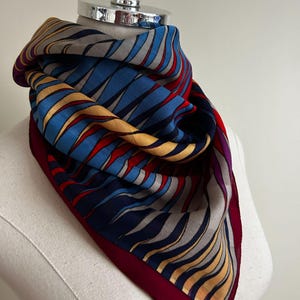 Vintage Multicolor Geometric Pattern Silk Scarf With Burgundy Border