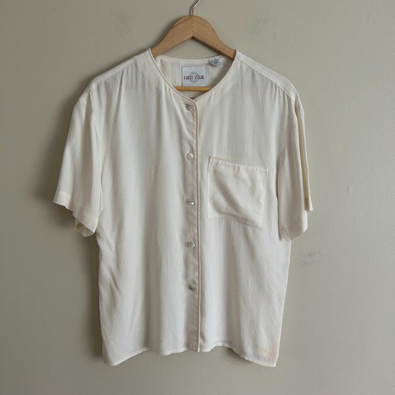 Vintage Cream Short Sleeve Button Front Tunic Blou