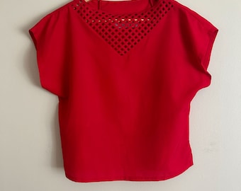 Vintage 80&#39;s Red Woven Front Short Sleeve Blouse