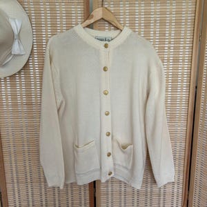 Vintage Cream Button-Up Cardigan Sweater With Pockets L/XL 100% Acrylic