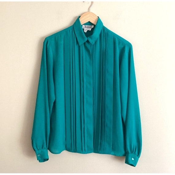 Vintage Teal Green Long Sleeve Blouse Turquoise Ch