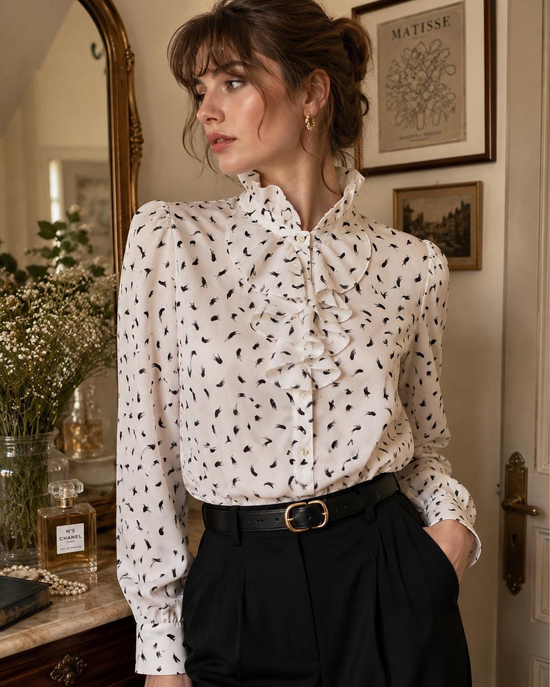 Vintage 80s Ruffle Blouse | High Neck Secretary Top | White Black ...