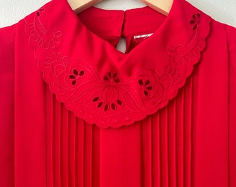 Vintage Red Blouse Embroidered Cut Out Neckline Romantic Blouse