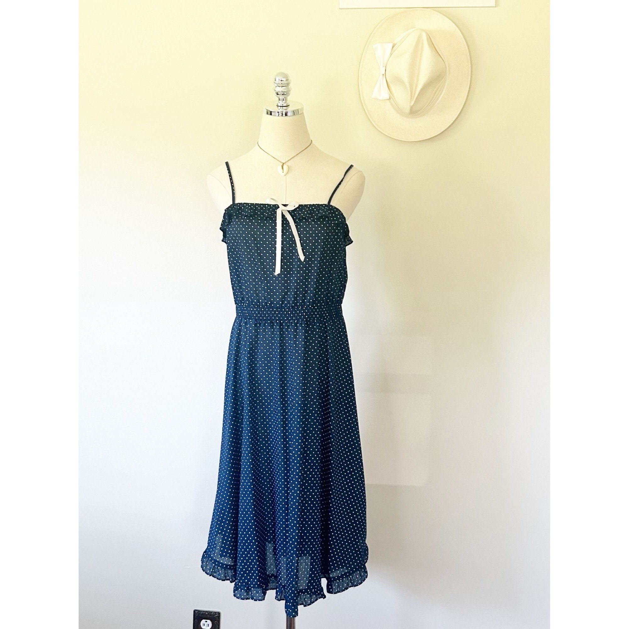 Blue polka dot ruffle dress deals
