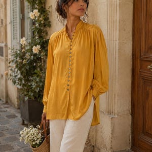 gold dress shirt womens Silk Button Down Blouse shop our insta