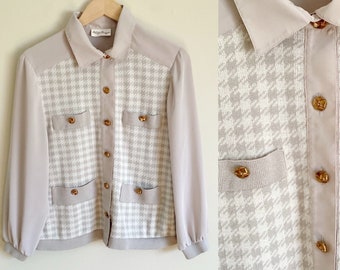 Vintage 80's Beige Gray Cream Houndstooth Gold Button Blouse