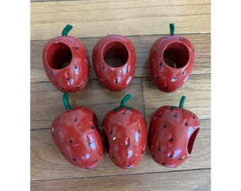 Vintage Strawberry Napkin Rings Set of 6 Hand Painted Red Fruit Kitchen Decor