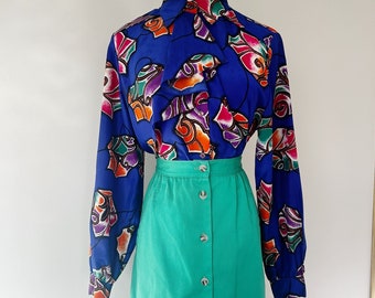 Vintage 80's Bow Tie Colorful Leaves Long Sleeve Blouse