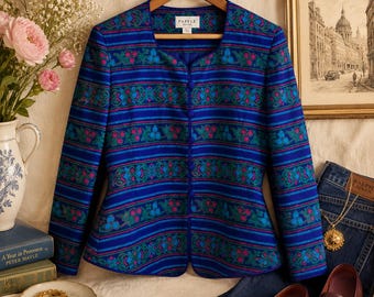 Vintage Papelle Petite Tapestry Jacket | 80s Jewel Tone Cropped Blazer | Blue Pink Floral Stripe Statement Jacket | Petite Women’s Vintage