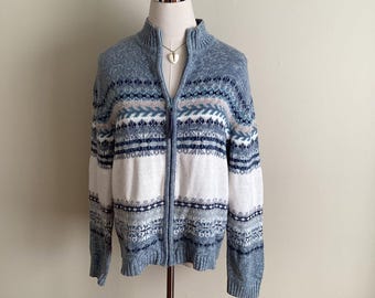 Vintage Fair Isle Blue Knit Cardigan Women&#39;s L/XL