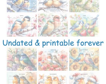Undated Bird Calendar Printable | Watercolor Birds 12-Month Calendar | Nature Planner PNG | Reusable Perennial Cottagecore Calendar
