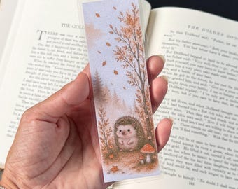 Hedgehog Bookmark, Double-Sided Autumn Leaves, Woodland Animal, Laminated Book Lover Gift