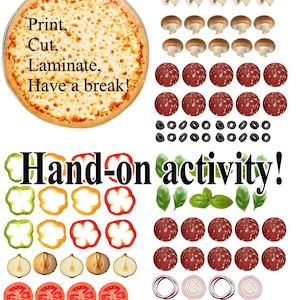 Op de afbeelding: Een printbare pizza knutselactiviteit met een pizzabodem, pepperoni, champignons, olijven, paprika, uien, tomaten en basilicum. De tekst op de afbeelding luidt "Print, Cut, Laminate, Have a break! Hand-on activity!"