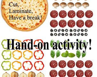 May include: A printable pizza craft activity with a pizza crust, pepperoni, mushrooms, olives, peppers, onions, tomatoes, and basil. The text on the image reads "Print, Cut, Laminate, Have a break! Hand-on activity!"