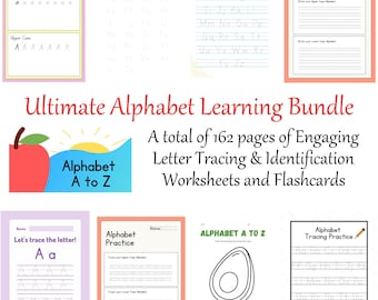 Ultimatives Alphabet-Lernpaket, das Arbeitsblätter zur Buchstabenverfolgung und -identifikation + Karteikarten einbezieht