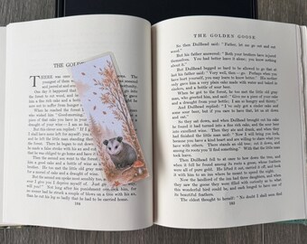 Opossum Bookmark, Double Sided Autumn Leaves, Woodland Animal (Laminated)