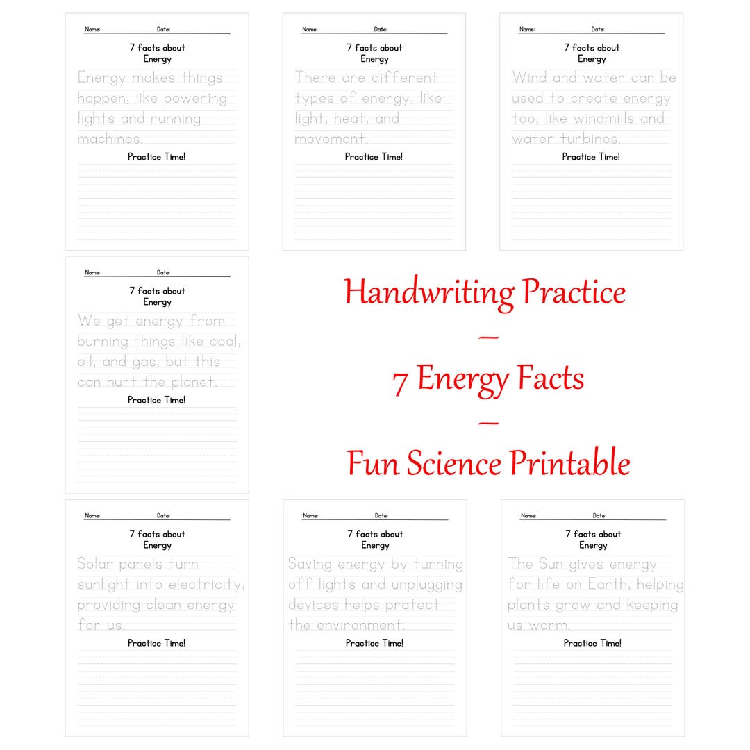 Fun Science Fact Writing Practice Energy Facts Handwriting Practice, Educational Printable Pages, Science ...