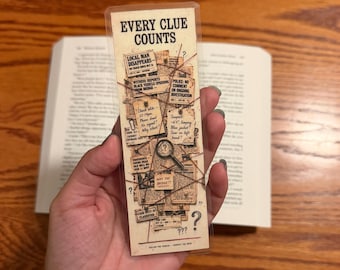 True Crime Thriller Bookmark, Every Clue Counts Bookmark Double-Sided, Alibi Where's The Clue, Mystery Evidence Board