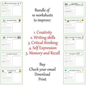 May include: A set of 10 printable worksheets for kids to help improve creativity, writing skills, critical thinking, self-expression, and memory recall. The worksheets feature prompts for kids to write about their favorite things, such as their favorite animal, sport, story, holiday, toy, book character, food, thing to do, season, and color.