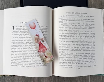 Watercolor Little Girl Red Balloon Bookmark | Laminated Cottagecore Floral Art (Double Sided)