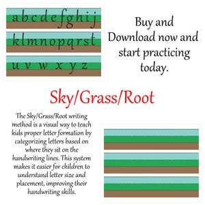 Tabla de formación de letras del alfabeto, Guía de escritura a mano de Sky Grass Root, Hoja de trabajo de escritura Montessori, Práctica de educación en casa, Descarga digital