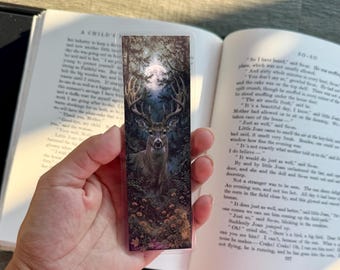 Deer Bookmark, Moonlit Stag Laminated Bookmark, Woodland Forest Animal Bookmark | Cottagecore Dark Academia Book Lover Gift