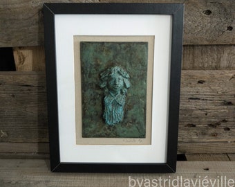 Bronze bas relief character, unique work of art, art object, artinsolite