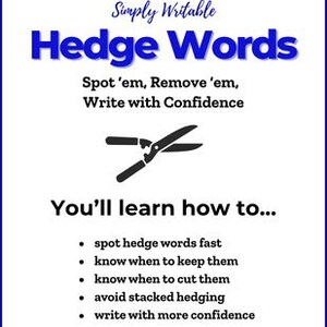 Könnte beinhalten: Weißer Hintergrund mit blauen Rändern und dem Text "Hedge Words". Das Bild enthält eine Schere und Aufzählungszeichen, die auflisten, wie man Wörter erkennt, entfernt und mit Zuversicht schreibt. Der Text enthält auch die Website SimplyWritable.com.