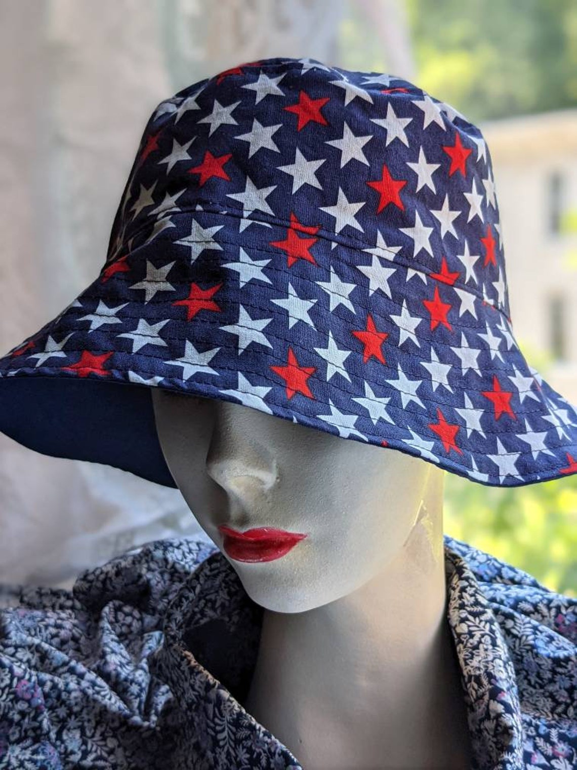 Patriotic bucket hat with red white and blue stars. Etsy
