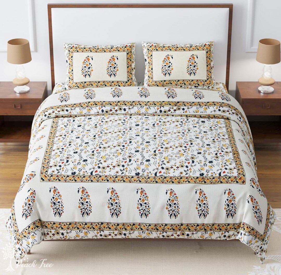 Indian Jaipuri Hand Block Printed King Size Flat Bed Sheet 2 Pillow