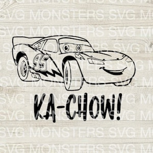 May include: Black and white line art illustration of a cartoon race car with the number 95 on the side and the text "KA-CHOW!" underneath.