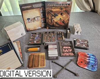 May include: A brown and gray board game organizer with multiple compartments for storing game pieces, cards, and dice. The organizer is designed for the board game Gloomhaven: Jaws of the Lion. The organizer is shown on a gray surface with a rulebook and other game components.