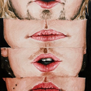 May include: A watercolor painting featuring four horizontal panels stacked vertically, each depicting a pair of human lips in varying expressions. The lips are rendered in shades of pink and red against a solid black background, with visible brushstrokes and skin textures.