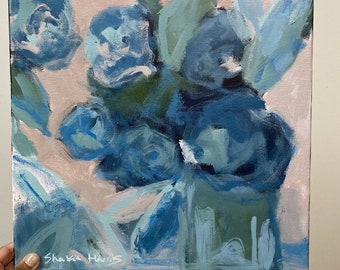 blue hydrangea painting 14x14 inch Original floral oil painting on canvas