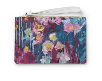 Purple & Teal Floral Clutch Bag - Purse - Wristlet - Accessories