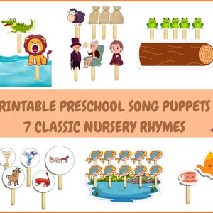 May include: Colorful printable preschool song puppets featuring illustrations of nursery rhyme characters. Includes a boat, crocodile, lion, sheep, bags of grain, frogs, a log, a spider, and more. The text reads "Printable Preschool Song Puppets, 7 Classic Nursery Rhymes."