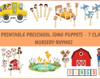 Könnte beinhalten: Eine Sammlung von druckbaren Puppen für Kinderlieder im Vorschulalter mit einem gelben Schulbus, Stabpuppen von Kindern, Affen und Haien. Weitere Puppen sind Bauernhoftiere, Enten und eine rote Scheune. Der Text lautet "Printable Preschool Song Puppets - 7 Classic Nursery Rhymes."