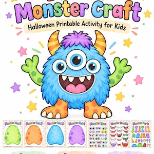 May include: A printable activity set titled Build a Monster Craft Halloween Printable Activity for Kids featuring a blue furry monster with three eyes, horns, and green arms. Includes four monster mats, sheets of eyes, mouths, and body parts.