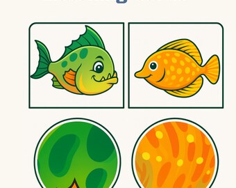May include: Matching cards featuring cartoon fish and pattern samples. The cards have a white background with blue bubbles, a starfish, and coral. The text "Fish Pattern Matching Cards" is at the top.