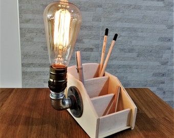 Retro Pen Pencil Box with Edison Lamp Vintage Rustic Home Decor Table Desk lamp Steampunk lamp Industrial lighting pipe Urban Craft light