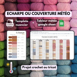 Peut inclure: Image d'un projet de crochet ou de tricot avec le texte "Echarpe ou Couverture Météo". L'image montre une palette de couleurs, une feuille de calcul Google et une variété de couleurs de fil dans les tons de rose, de violet et de bleu.